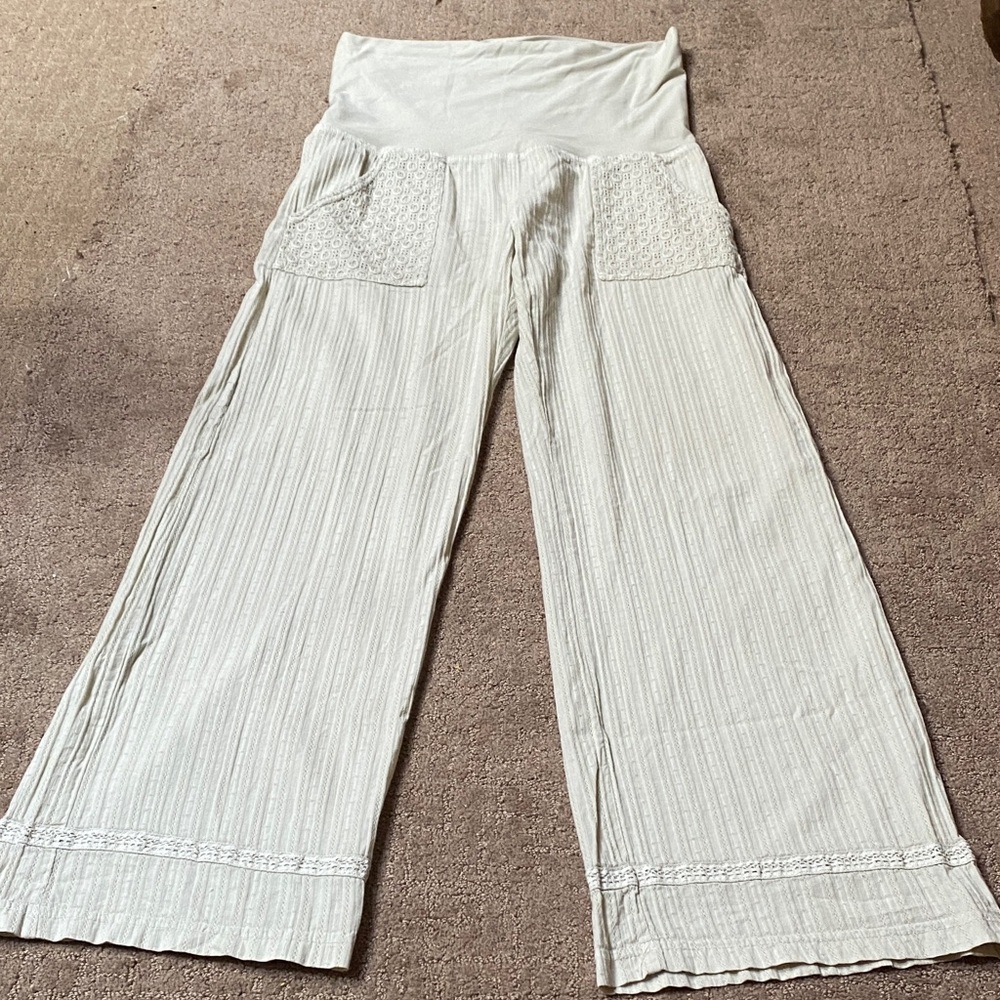 Lagoona Cream Textured Large Maternity Wide-Leg Cotton Pants w/ Lace Trim